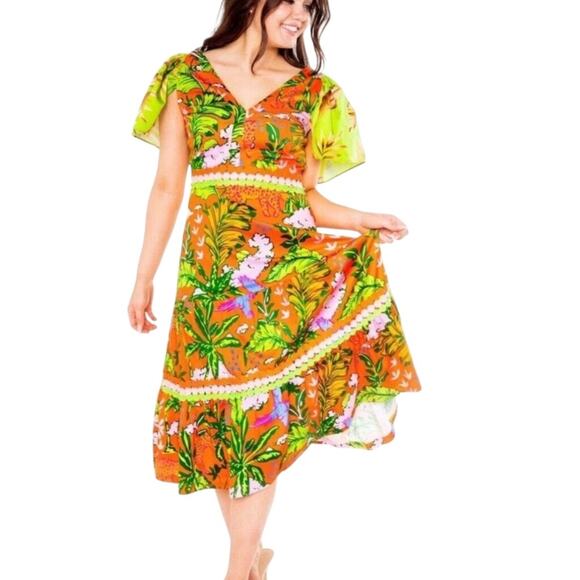 Alden Adair Midi Dress Diana in Jungle Cruise Tropical Flutter Sleeve Large - Picture 11 of 11
